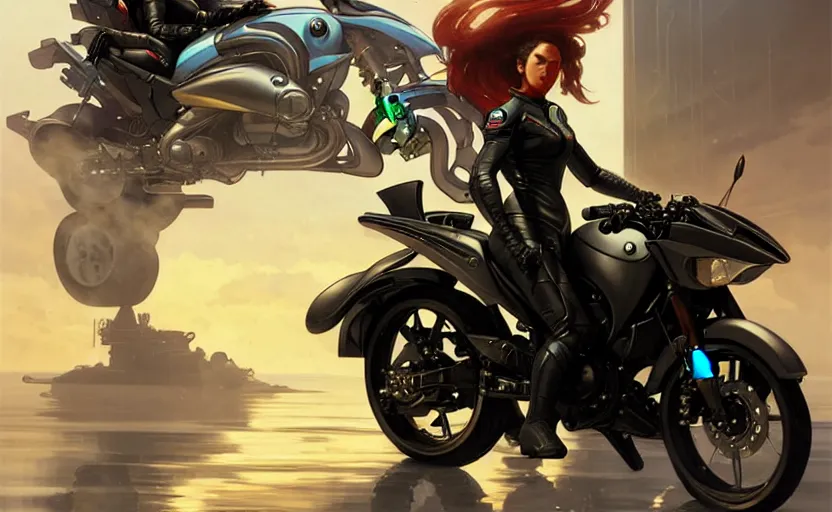 Image similar to Police female riding yamaha motorcycle, sci-fi, highly detailed, digital painting, artstation, concept art, smooth, sharp focus, illustration, art by artgerm and greg rutkowski and alphonse mucha