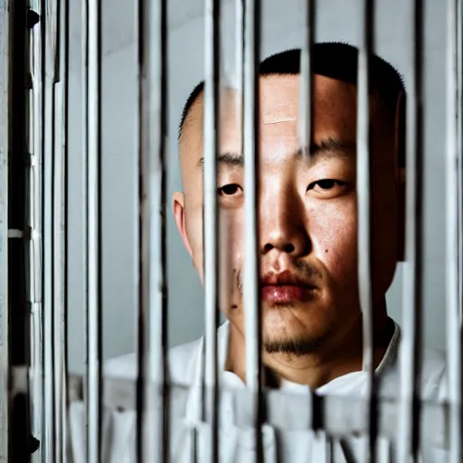 Prompt: an portrait of justin sun in prison looking through the bars of his cell, by annie leibovitz, shallow depth of field, cinematic lighting