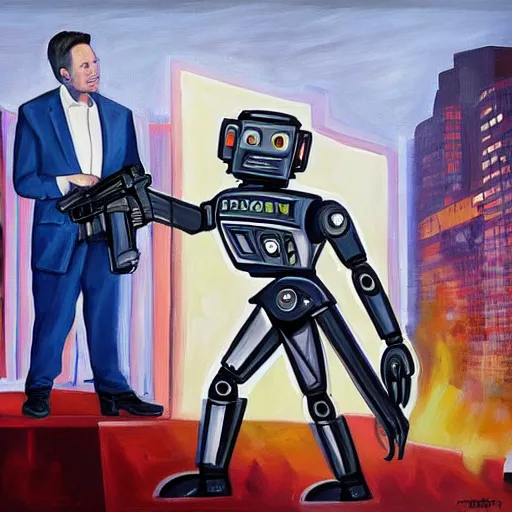 Image similar to a beautiful complex painting of a robot pointing a gun at elon musk the background is the street of new york