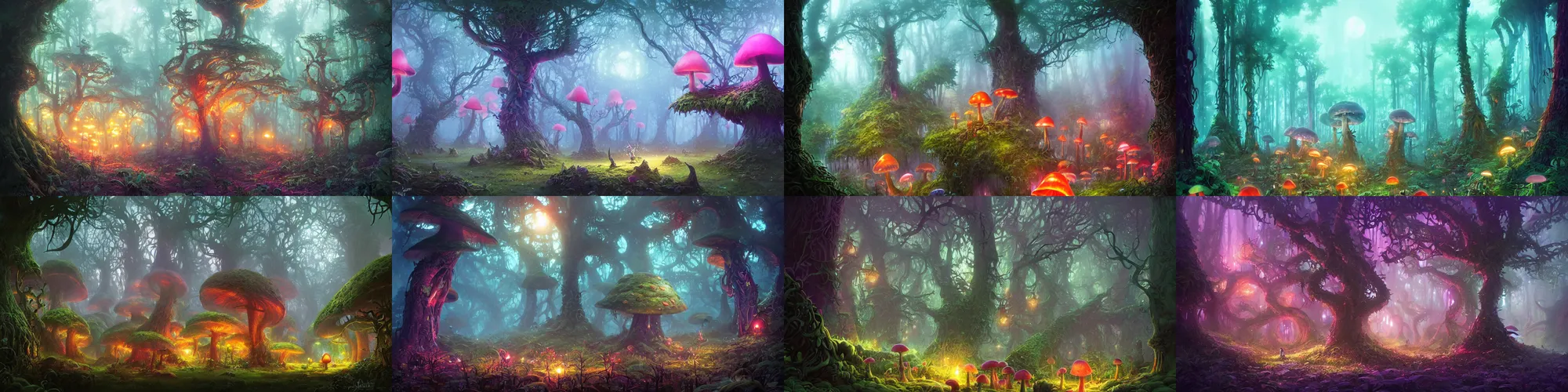 Prompt: enchanted magical fantasy forest, twisting trees, thick bushes, spike - like branches, colorful glowing mushroom scattered, dark atmosphere, by andreas rocha and stephan martiniere