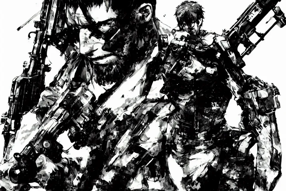 Image similar to a full - body portrait of stephen curry with guns, in yoji shinkawa's art style, metal gear solid art style highly detailed, 4 k, artistic, white background, b & w