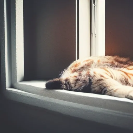 Image similar to a photo of a cat on it's side sleeping on a bed by a window with light coming in