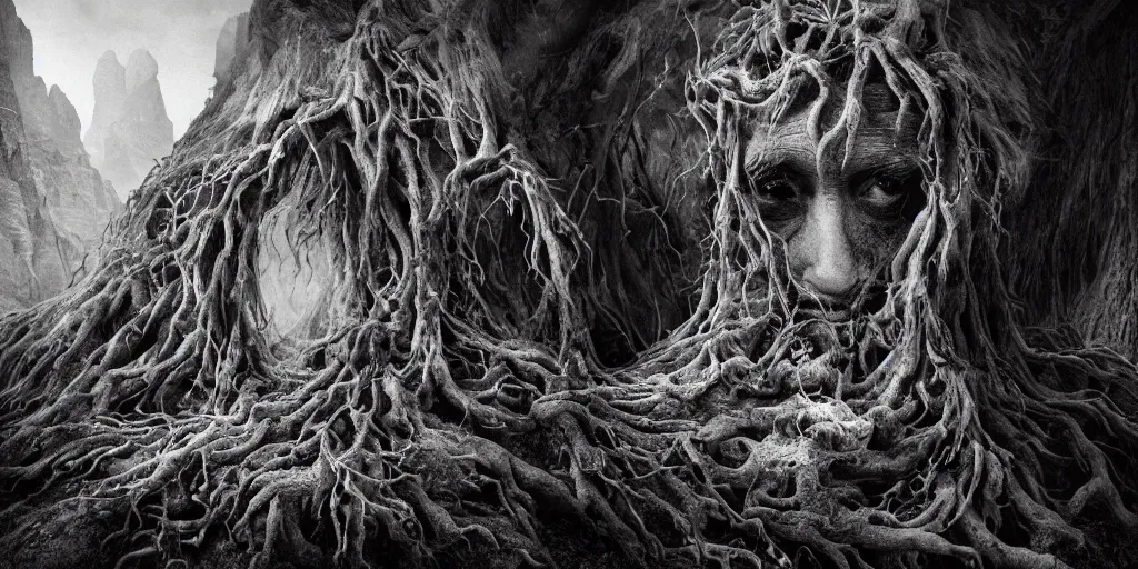 Image similar to photography of old ugly witch with rotten face monster living in a root cave, edelweiss growing from her head, forest, dolomites, alpine, detailed intricate insanely detailed octane render, 8k artistic 1920s photography, photorealistic, black and white, chiaroscuro, hd, by David Cronenberg, Raphael, Caravaggio