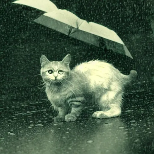 Prompt: vintage photo small cat wet in the rain, in a city, 35mm long telephoto lens, Ansel Adams