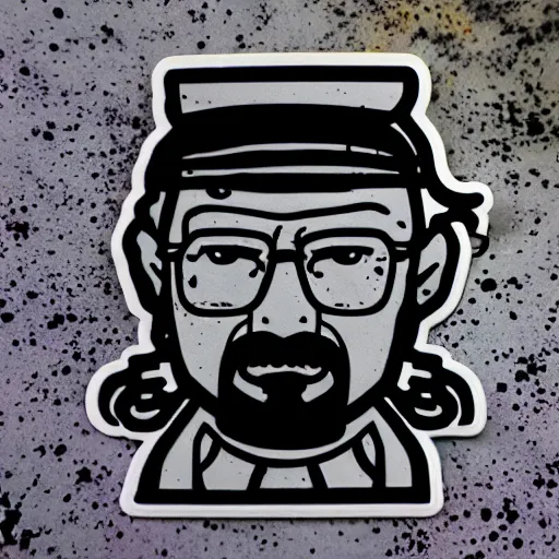 Image similar to die cut sticker, walter white breakdancing in techwear splatter paint