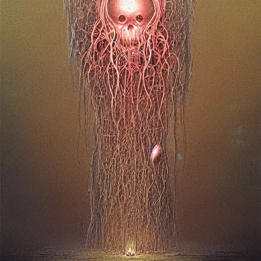 Image similar to innate jellyfish, lovecraftian horror, cosmic horror, annihilation, infinite consciousness, art, concept art, beksinski, zdzisław, digital art,