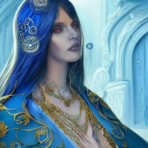 Image similar to a beautiful woman wearing a blue and white kaftan made of silk with golden ornaments and diamonds by alex gray and android jones , Karol Bak, Ayami Kojima, Amano , concept art, character design, fantasy,3D, 8k resolution