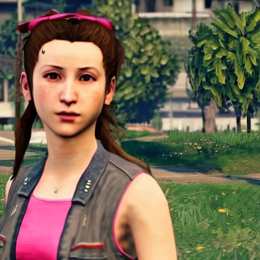 Image similar to Screenshot of Aerith Gainsborough in the game GTA V, highly detailed