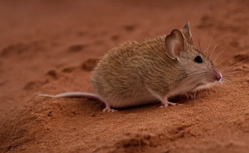 Image similar to on the dune of arrakis we see a close up of a tiny fremen desert mouse character steering a giant sandworm, blender animation, macro focus, hero shot and dramatic angles,