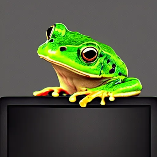 Image similar to sad humanoid frog holding his head in front of a computer screen in a dingy dark room at night. realistic digital art.