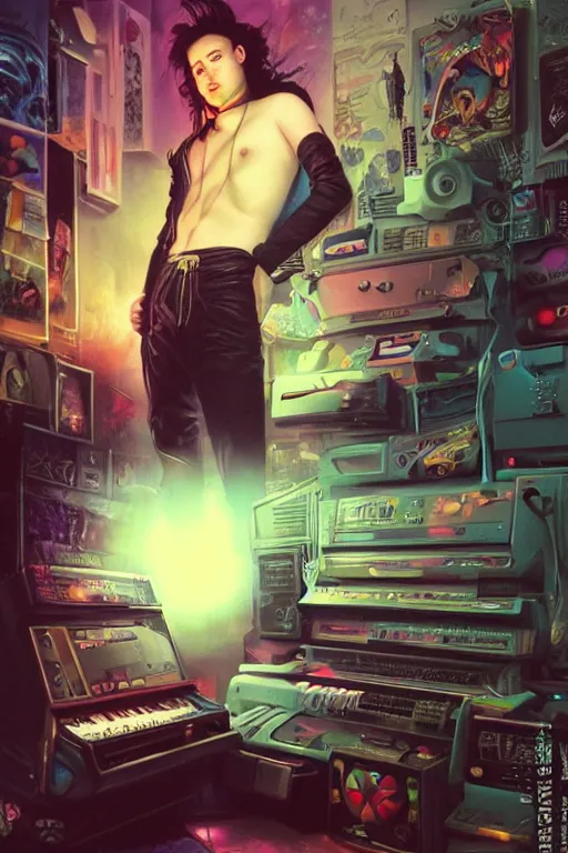 Image similar to portrait of a synthwave goth nerd guy in a cluttered 9 0 s bedroom, by artgerm, tom bagshaw, gerald brom, vaporwave!, vaporwave colors!, lo fi colors, lo fi, 4 k, hd, goth vibe, 9 0 s vibe