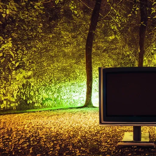 Prompt: night photo of a tree with old televisions in the leaves on a hill