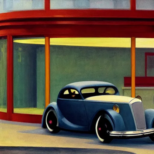 Prompt: edward hopper dreaming several futuristic electric cars