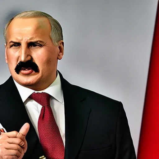 Prompt: Alexander Lukashenko as the American Psycho, staring psychopathically, sweating hard, cinematic still