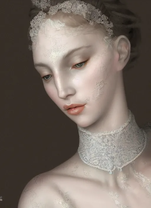 Prompt: high intricate porcelain baroque stunning woman, lace collar, 8 k, glitter skin very white hyperrealistic hyperdetailed pastel maria panfilova, andrea savchenko, sensual mike kime, ludovic plouffe, qi sheng luo, oliver cook, trending on artstation