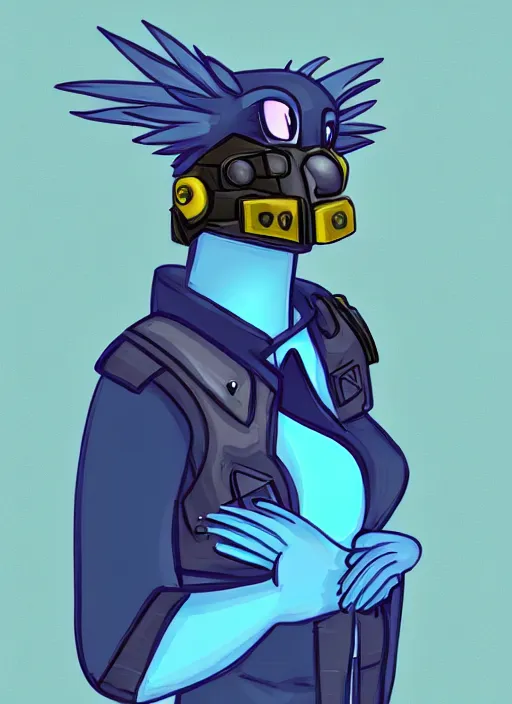 Prompt: A beautiful portrait commission of a female furry anthropomorphic avian blue bird fursona wearing a security guard uniform with a bullet proof vest. Cyberpunk city. 🐦