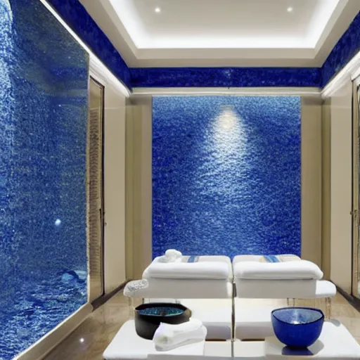 Prompt: luxury spa with lapis lazuli walls