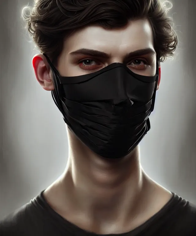 Image similar to european young man wearing medical black mask, beautiful face, highly detailed face!!!, true anatomy!, extremely detailed!, digital painting, unreal engine 5, art by tom bagshaw