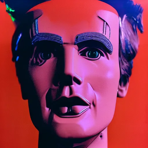 Prompt: a robot with the face of andy warhol, cyberpunk photo, award winning portrait, uncanny valley, dramatic lighting, detailed face, sharp focus, cinestill 8 0 0 t