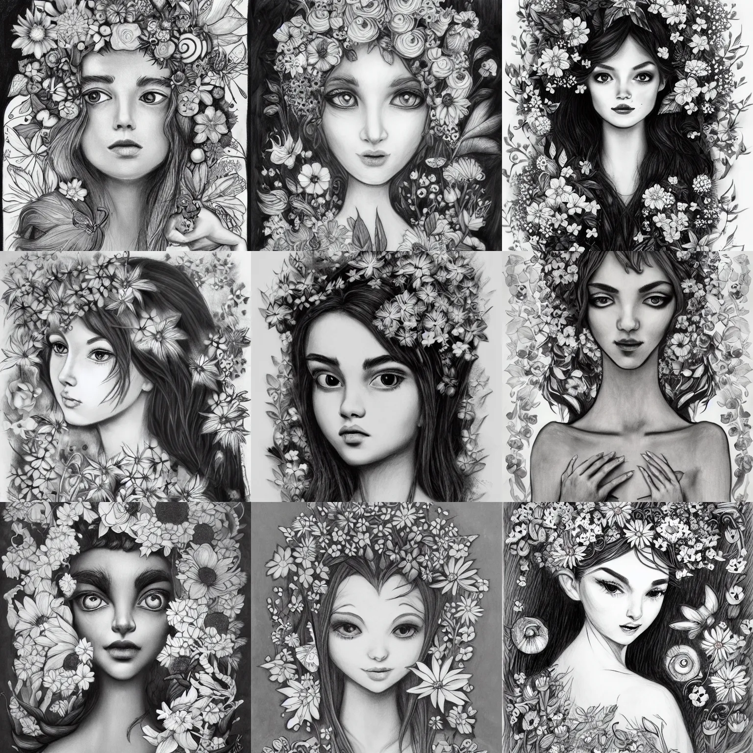 Prompt: a portrait of a flower fairy surrounded by flowers, whimsical big - eyed character, light charcoal drawing, black and white, ink and paper, portrait, trending on artstation, behance, deviantart, drawn by tom lovell, artgerm, jsc, j. scott campbell