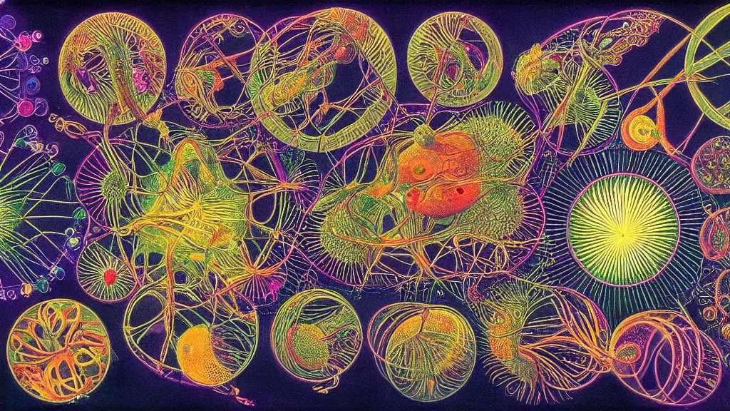 Image similar to quantum connections represented as symbiotic organisms like cells playing around with colorful lights by ernst haeckel, smooth, sharp, dark