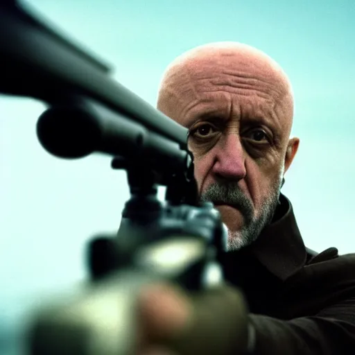 Prompt: Film still of Mike Ehrmantraut aiming with a sniper rifle, 4k, highly detailed