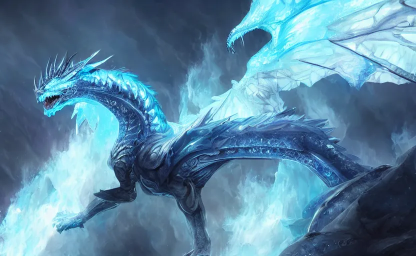 Prompt: An ice dragon breathing blue flames, ice landscape, digital art, artstation, WLOP, CGSociety