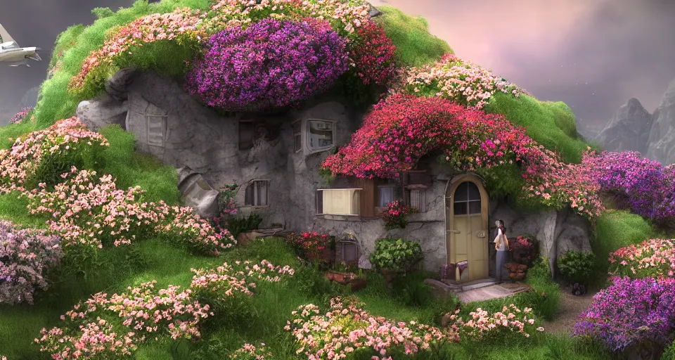 Prompt: small house in canyon filled with flowers, space ship flying by, photorealistic, trending on artstation, moody