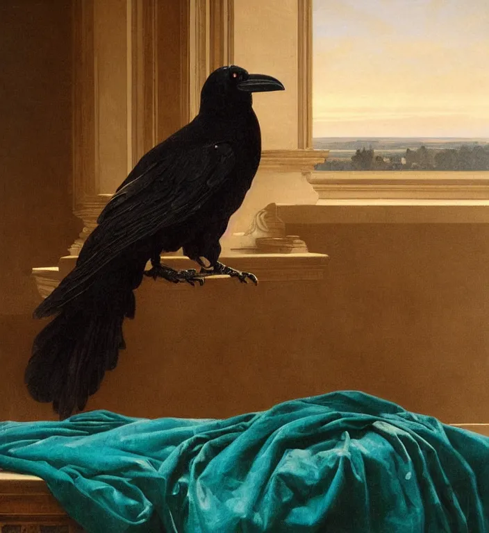 Image similar to a beautifully photoreal clear detailed victorian portrait of a close up raven on a victorian windowsill with an ornate velvet dark teal curtain at beautiful sunset daytime nature sunlit painting by frederic leighton and turner and morris and rosetti, 8 k, octane render