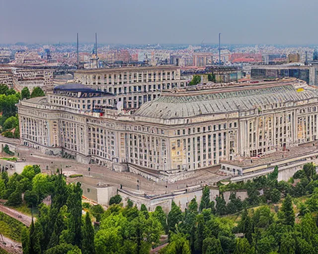 Image similar to 4 k hd, high resolution photograph of bucharest palace of parliament, full colour, shot with sigma f / 4. 2, 2 5 0 mm sharp lens, wide shot, high level texture render