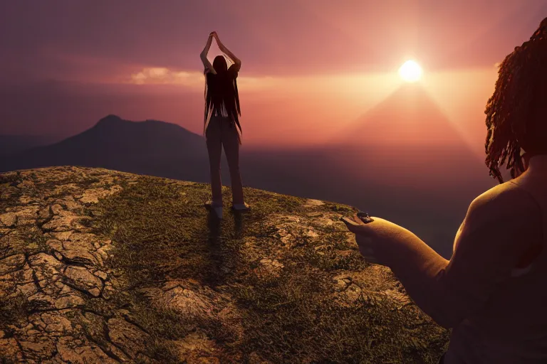 Prompt: a strange creature holding a source of light in her hands she is on top of a mountain, contemplating her existence in a beautiful sunset near dusk, unreal engine, hyper realism, realistic shading, cinematic composition, blender render, octane render