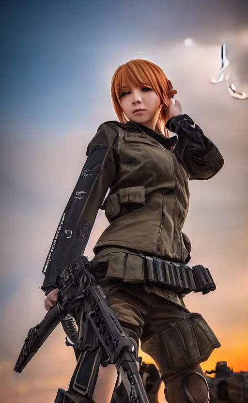 Image similar to highly detailed, high resolution, cosplay photo, stunning, realistic lightning, real sunset, in the middle of the battlefield, girls frontline style, sharp focus, 150mm, trending on facebook, by professional photographer, realistic anatomy, realistic heavy military gear, realistic guns