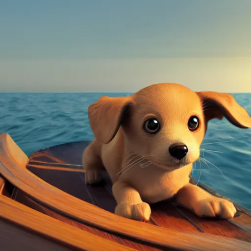 Image similar to a close - up image of a baby dog on a small wooden boat in the sea near a small island at sunrise, ghibli studio, pixar and disney style, concept art, octane render, unreal engine 5, trending on artstation, high quality, highly detailed, colorful, anatomically correct, anime style, beautiful, path traced, cute