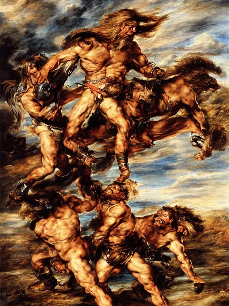 Prompt: Conan the barbarian wrestling a lion in the desert, oil painting by Peter Paul Rubens, hd, sharp focus,