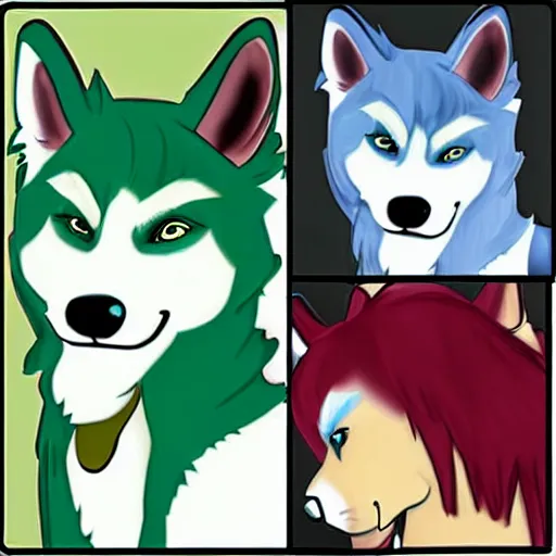 Image similar to furry anthro husky with scene - style hair, the hair has green highlights, style of milesdf, stylized, drawn