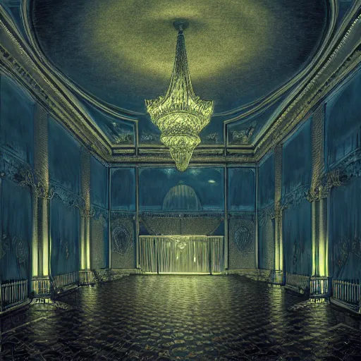 Image similar to Photorealistic Haunted Ballroom in the style of Michael Whelan and Gustave Dore. Hyperdetailed photorealism, 108 megapixels, amazing depth, glowing rich colors, powerful imagery, psychedelic Overtones, 3D finalrender, 3d shading, cinematic lighting, artstation concept art