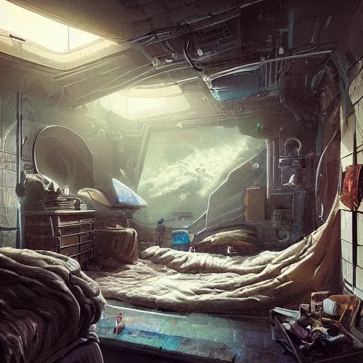 Image similar to detailed room in the sewer lair The room is a clutter if clothes and a bunkbed with space posters everywhere,soft,light,bright,epic,awesome,digital art, by Simon baek and Greg rutkowski