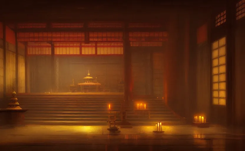 Image similar to painting of an interior Japanese temple with candles by Greg Rutkowski and Craig Mullins, Dark atmospheric sad and cinematic lighting, Trending on artstation