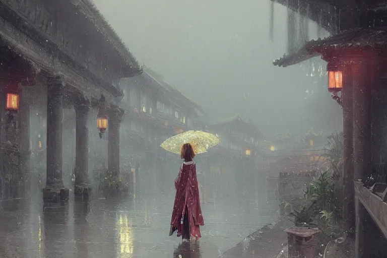 Prompt: a beautiful picture of rainy day, palace ， a girl in hanfu holding a umbrella, by greg rutkowski and thomas kinkade, trending on artstation