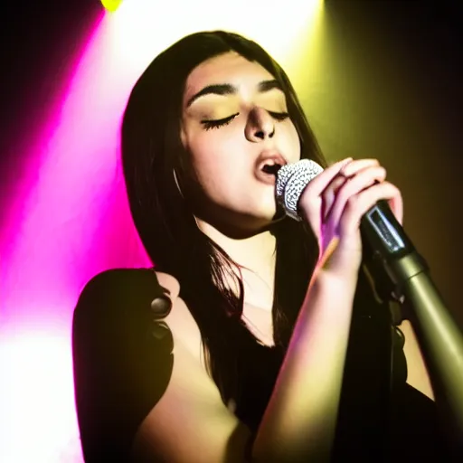 Image similar to portrait of noa kirel singing, stage lighting, microphone