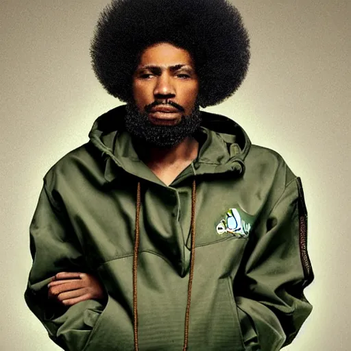 Image similar to black man with afro hair and raspy beard stubble, wearing an army green adidas jacket by dave mckean