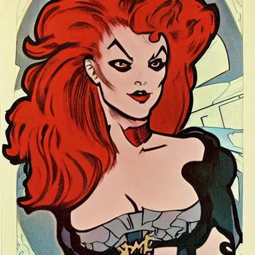 Prompt: a woman with red hair and a smirk. she is a superhero, wearing a superhero costume. well composed, clean elegant painting, beautiful detailed face. comic book art by steve ditko and jack kirby and ( alphonse mucha )