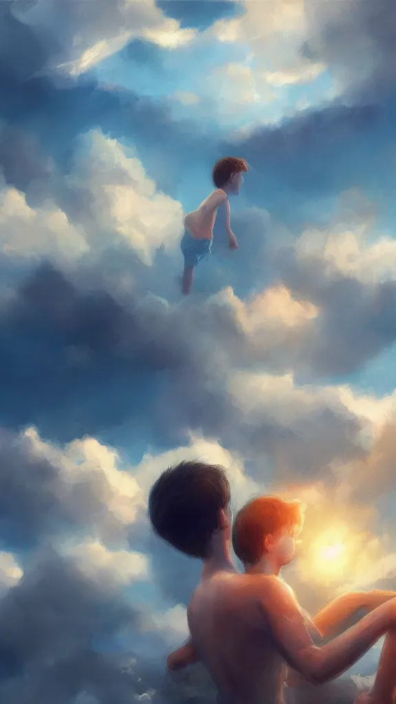 Image similar to A boy swimming in the clouds, volumetric lightin, highly detailed, digital painting, artstation, concept art, smooth, sharp focus, blue sky, sunshine