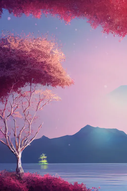 Image similar to a single alone sakura tree growing upon an island in a lake, viewed from a distance, mountains, cherry blossoms, illustration, light beams, simple, minimalist, digital art, oil painting, fantasy, 8 k, trending on artstation, detailed