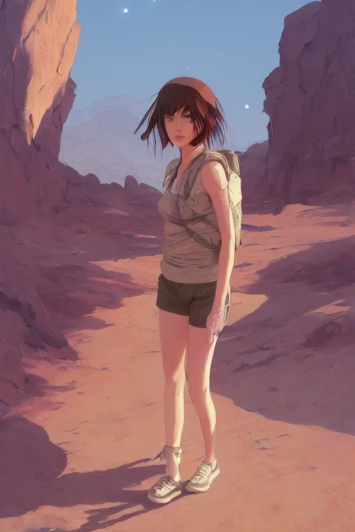 Prompt: a girl hiking in the desert, fine - face, realistic shaded perfect anatomy, fine details. night setting. very anime style. realistic shaded lighting poster by ilya kuvshinov katsuhiro, magali villeneuve, artgerm, jeremy lipkin and michael garmash, rob rey and kentaro miura style, trending on art station