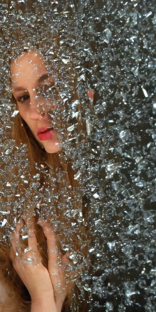 Prompt: a shattered reflection of a beautiful woman, shattered glass