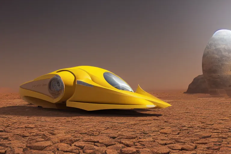 Prompt: a yellow african futuristic spaceship on a desert planet, science - fiction, matte painting
