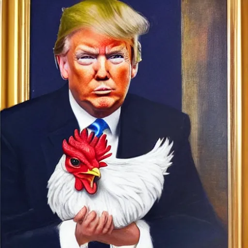 Prompt: donald trump holding a chicken, portrait,