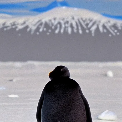 Image similar to hyperrealistic photo of pingu in real life, an arctic wildlife photographer's picture, extremely detailed, impressive shading, snowscapes in the beakground