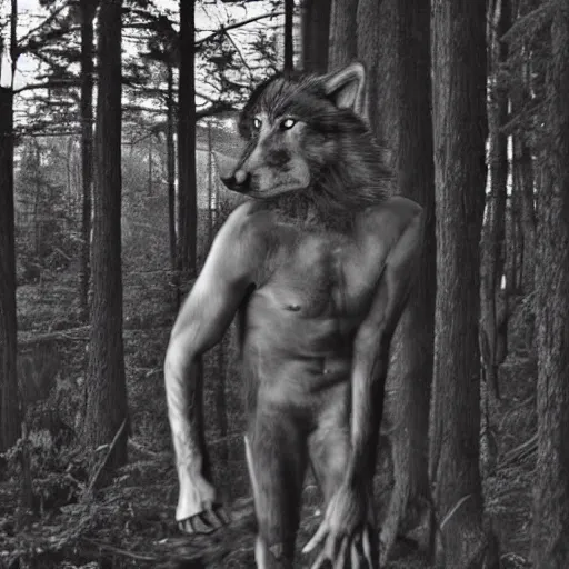 Image similar to human! wolf werecreature, photograph captured at woodland creek